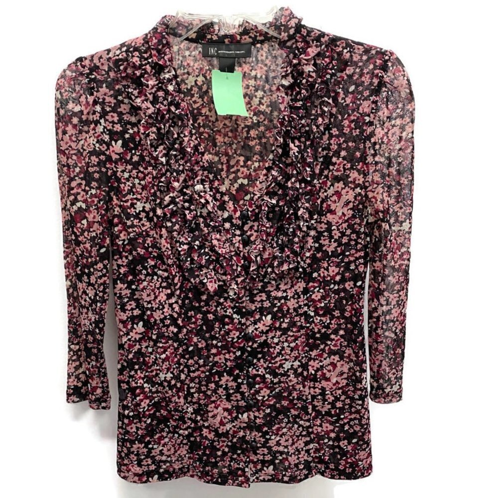 INC Black & Pink Floral Sheer Ruffled Blouse